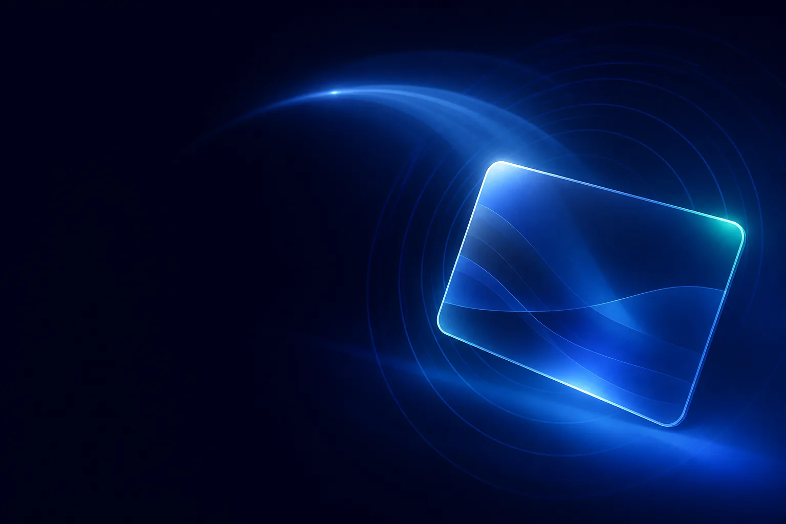 Abstract blue digital card surrounded by luminous signal rings