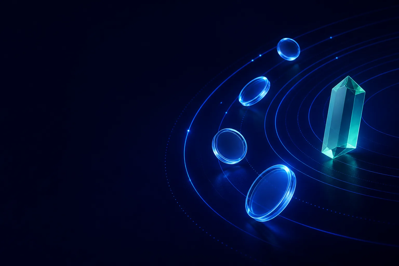 Blue glass reward tokens orbiting a mint prism